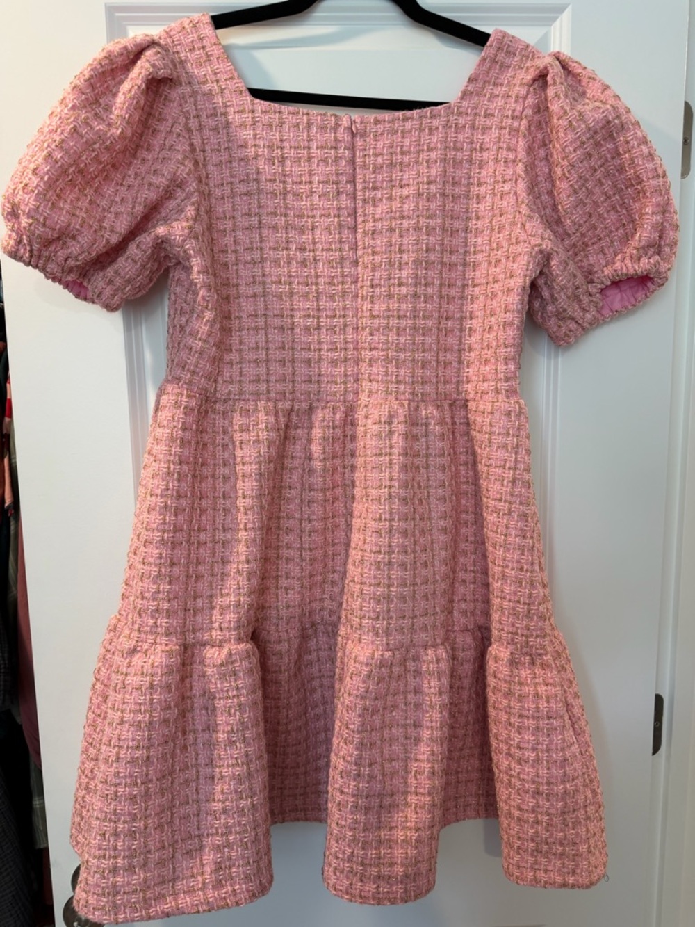 Simply Southern Pink Gold Tweed Tiered Women’s Dress with Puff Sleeves- Large - Picture 2 of 6